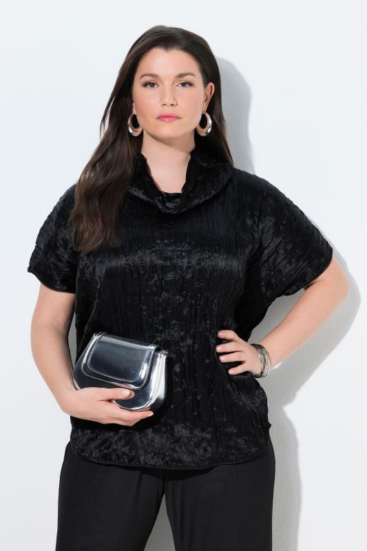 Blouse en acétate effet froissé, coupe oversize, manches courtes et col montant