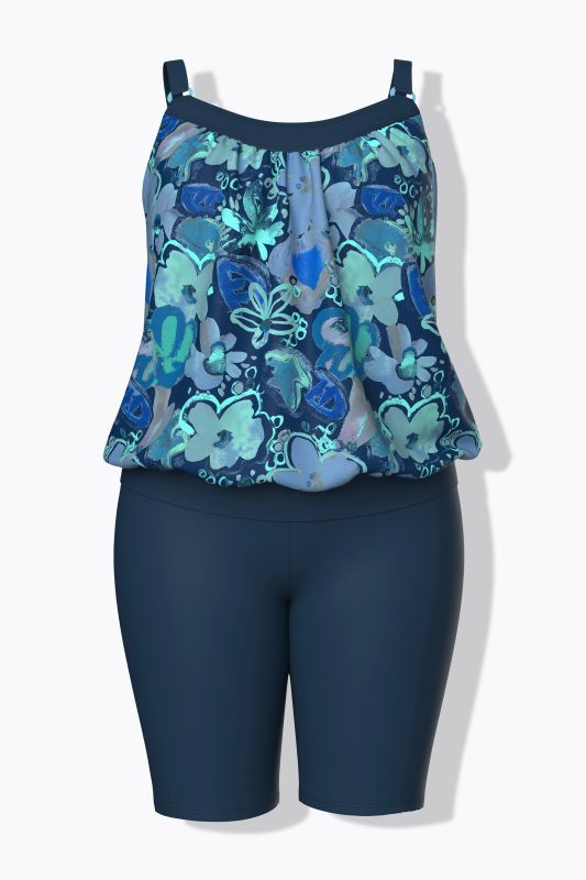 Tankini, bas longueur cycliste, motif floral, bonnets souples et bretelles ajustables