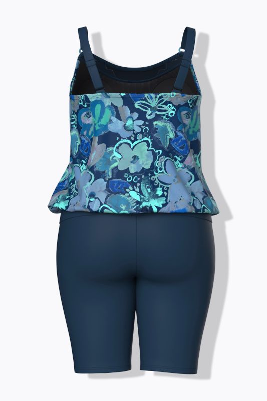 Tankini, bas longueur cycliste, motif floral, bonnets souples et bretelles ajustables
