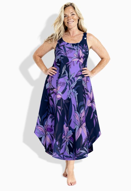 Robe midi sans manches, motif lys et décolleté rond, coupe évasée