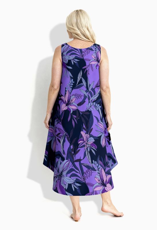 Robe midi sans manches, motif lys et décolleté rond, coupe évasée