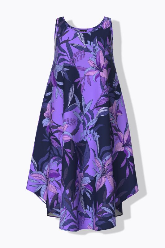 Robe midi sans manches, motif lys et décolleté rond, coupe évasée