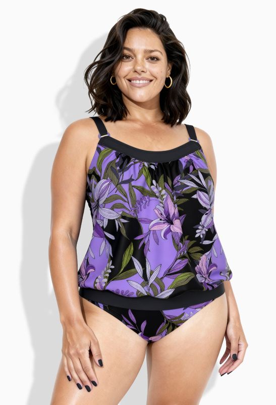 Tankini motif lys, bonnets souples, base élastique et bretelles ajustables