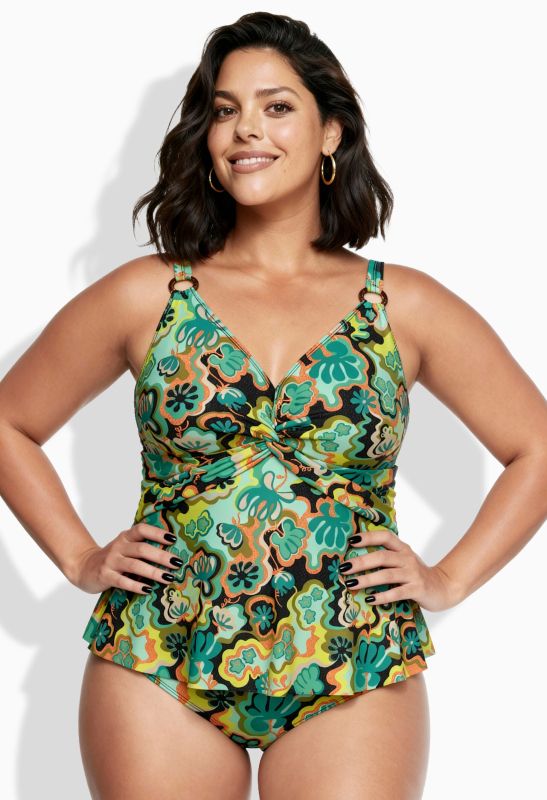 Tankini motif bohème, avec bonnets souples, bretelles ajustables et matière recyclée