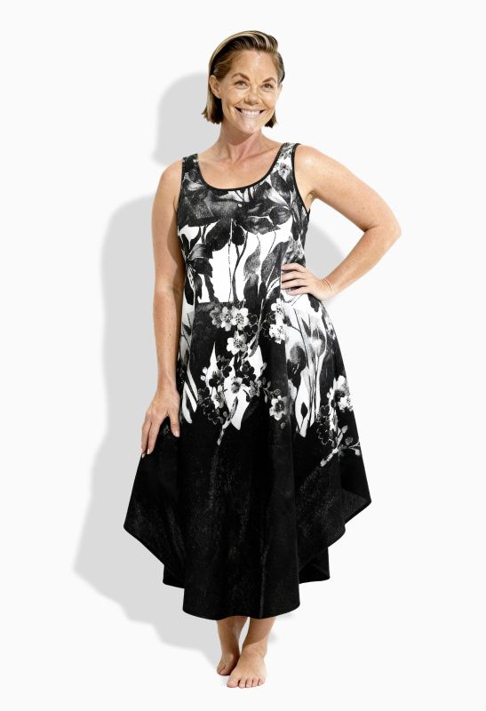 Robe midi sans manches, décolleté rond et motif à fleurs, coupe évasée