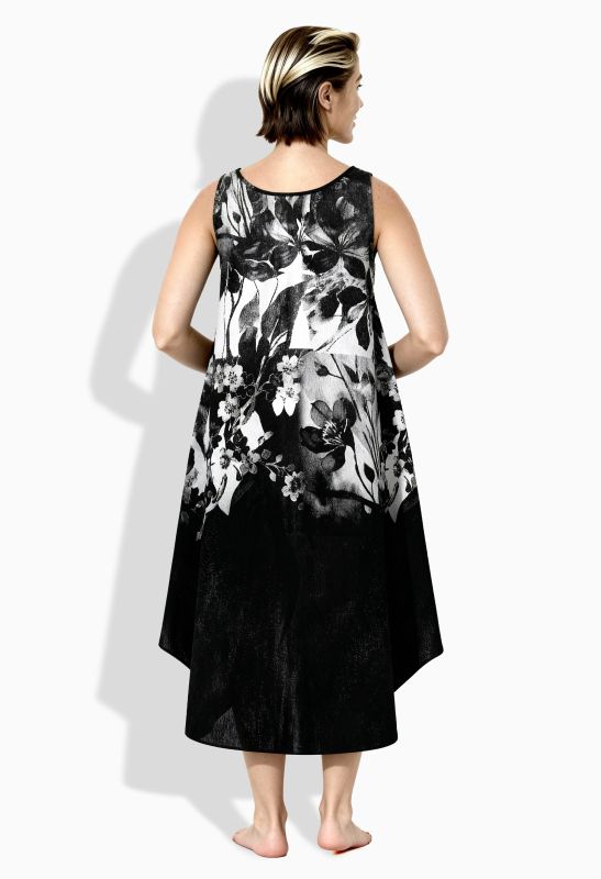 Robe midi sans manches, décolleté rond et motif à fleurs, coupe évasée