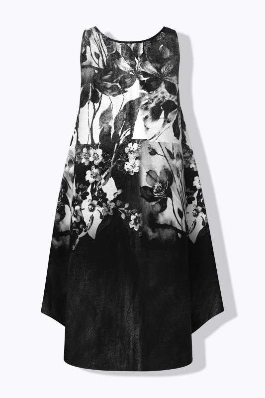 Robe midi sans manches, décolleté rond et motif à fleurs, coupe évasée