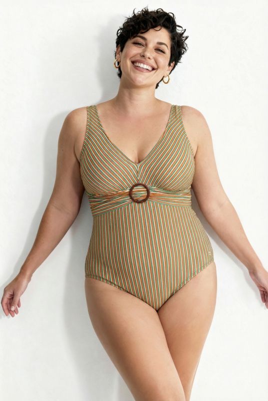 Maillot de bain à bonnets souples, anneau fantaisie et tissu rayé texturé