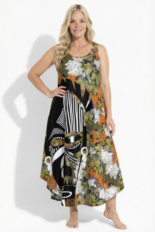 Robe midi sans manches, motif masque, décolleté rond et coupe évasée