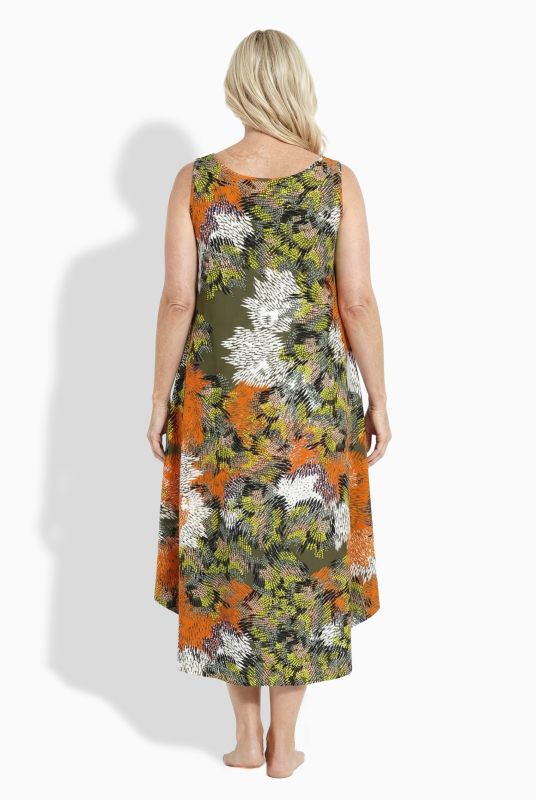 Robe midi sans manches, motif masque, décolleté rond et coupe évasée