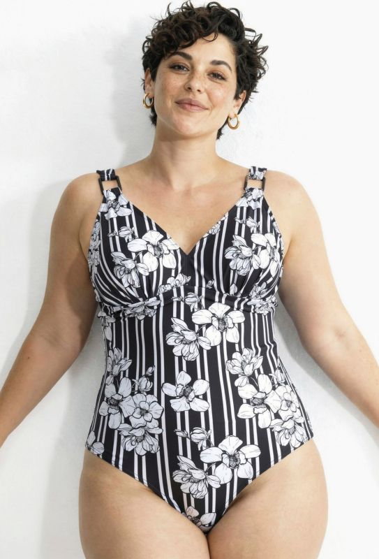 Maillot de bain avec bonnets souples, motif rayures/fleurs, matière recyclée
