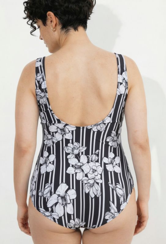 Maillot de bain avec bonnets souples, motif rayures/fleurs, matière recyclée