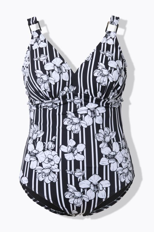 Maillot de bain avec bonnets souples, motif rayures/fleurs, matière recyclée