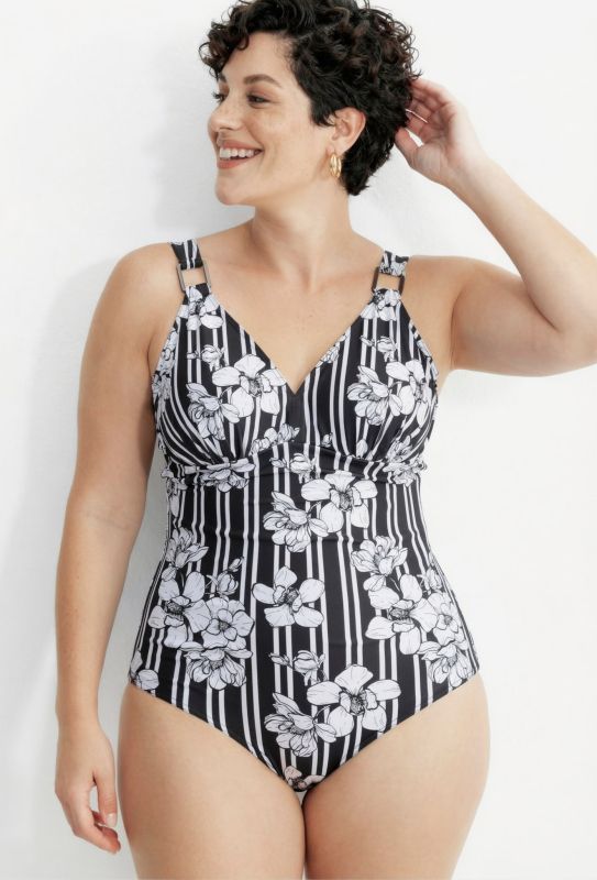 Maillot de bain avec bonnets souples, motif rayures/fleurs, matière recyclée