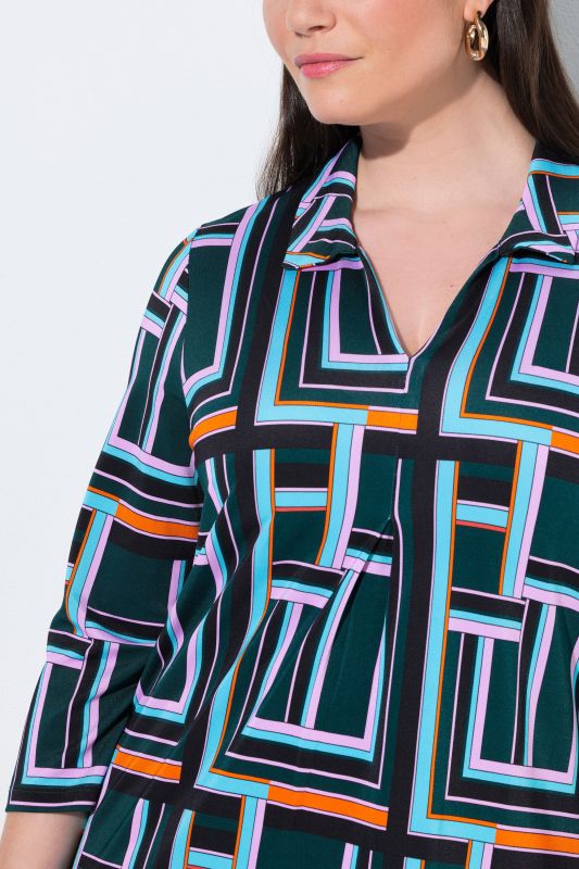 Robe midi au tombé fluide, motif graphique, col chemise et manches&nbsp;3/4