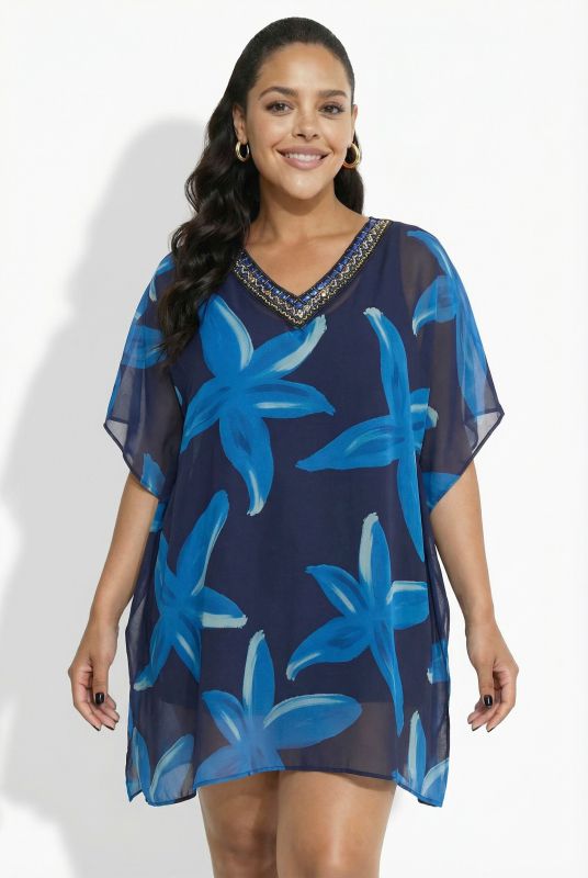 Tunique à fleurs, manches courtes et large liseré fantaisie tout autour du décolleté en V