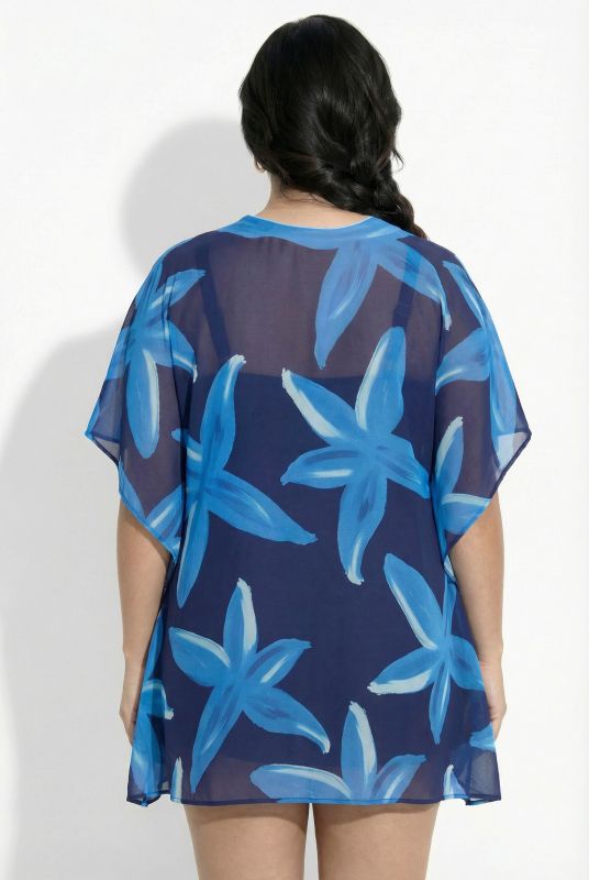 Tunique à fleurs, manches courtes et large liseré fantaisie tout autour du décolleté en V