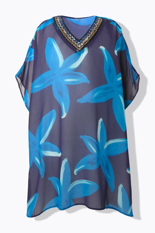 Tunique à fleurs, manches courtes et large liseré fantaisie tout autour du décolleté en V