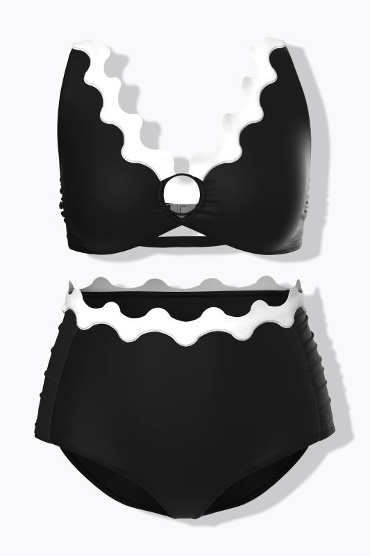 Bikini à bonnets souples, bretelles ajustables et finitions fantaisie en forme de vague, matière recyclée