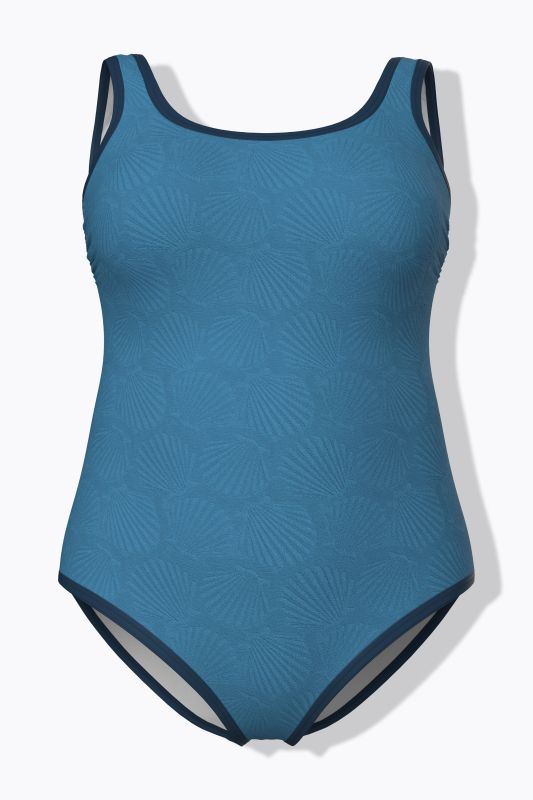 Maillot de bain sans bonnets souples, motif coquillages et décolleté rond