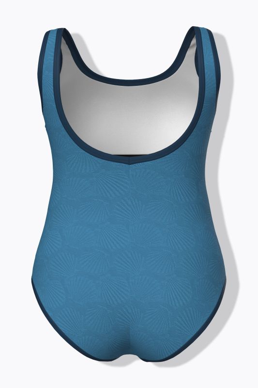 Maillot de bain sans bonnets souples, motif coquillages et décolleté rond