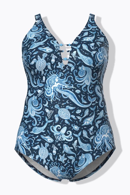 Maillot de bain avec bonnets souples, motif sirènes et matière recyclée