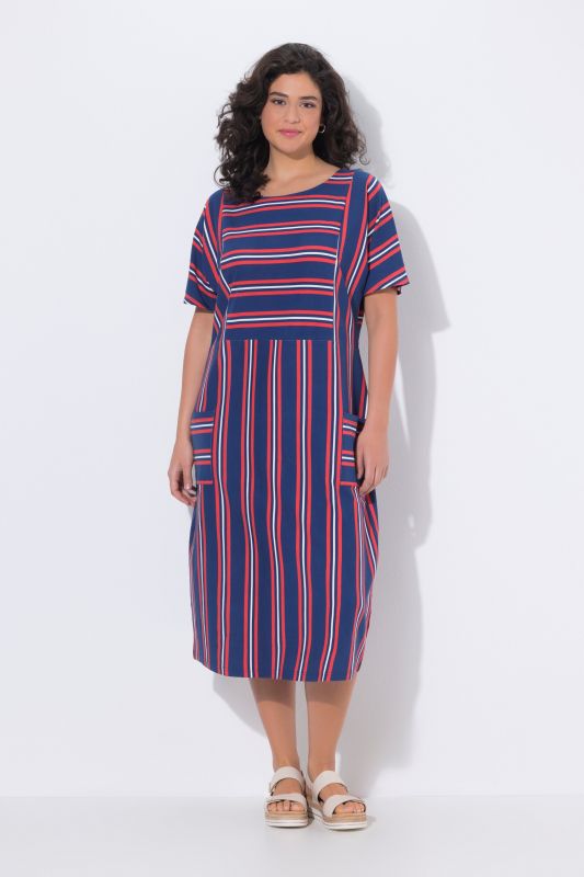Robe midi en jersey rayé, poches, décolleté rond et manches courtes