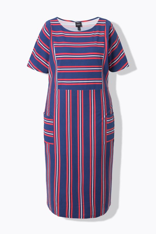 Robe midi en jersey rayé, poches, décolleté rond et manches courtes