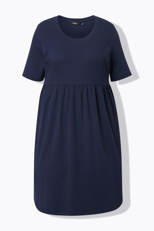 Robe midi en jersey côtelé, décolleté rond et manches courtes, coupe évasée