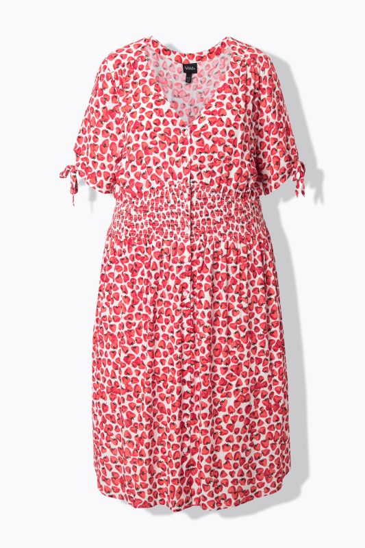 Robe midi motif fraises, manches courtes et décolleté en V, coupe évasée