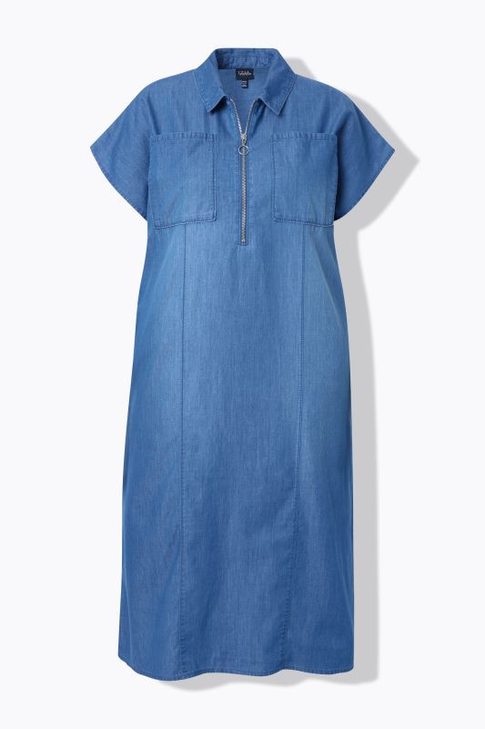 Robe midi aspect jean, col chemise et fermeture zippée, manches courtes
