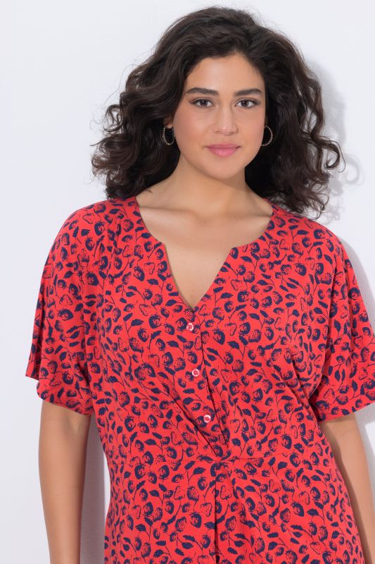 Robe midi motif fraises, manches courtes et col tunisien