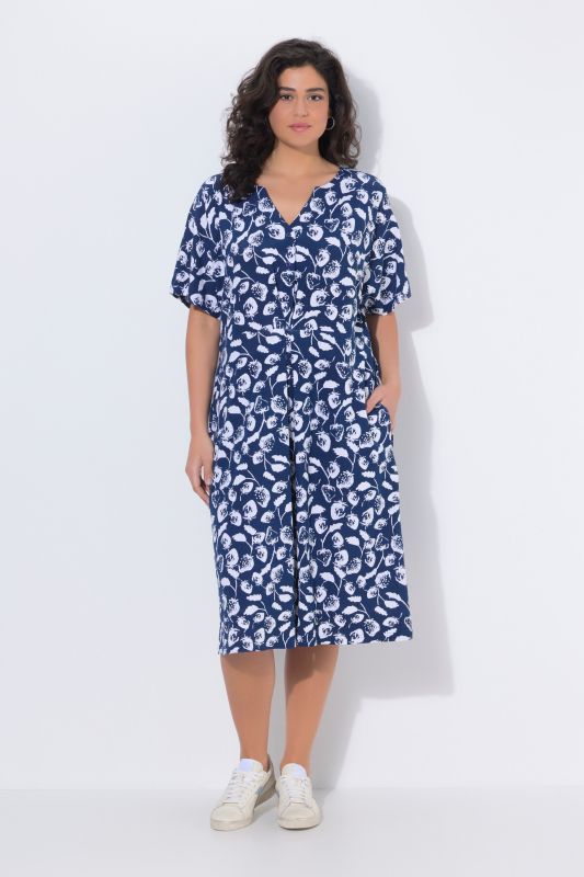 Robe midi motif fraises, manches courtes et col tunisien