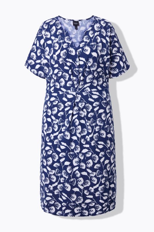 Robe midi motif fraises, manches courtes et col tunisien