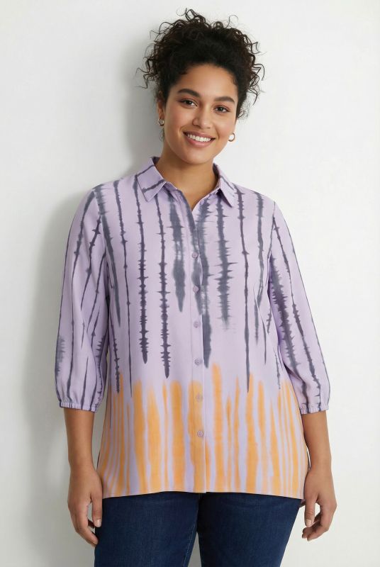 Chemisier en lin mélangé, imprimé Batik, col de chemise et manches&nbsp;3/4