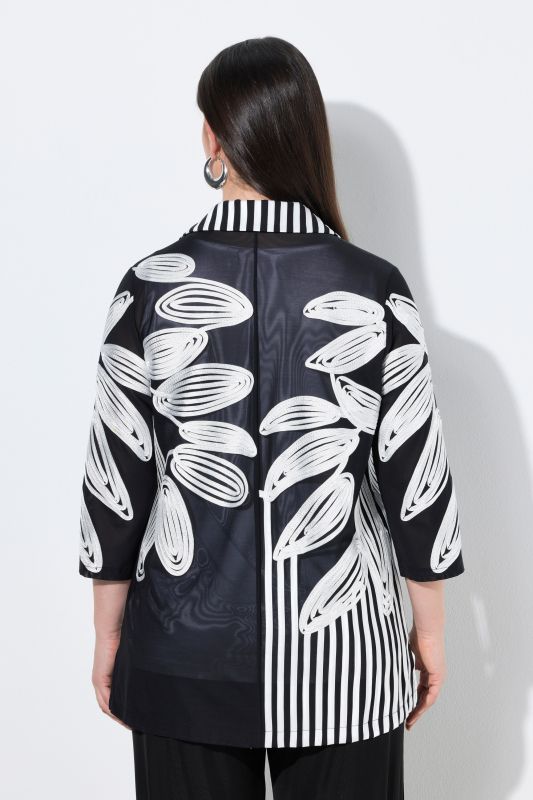 Chemisier long en tulle, broderies, col chemise et manches&nbsp;3/4