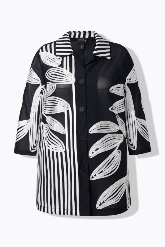 Chemisier long en tulle, broderies, col chemise et manches&nbsp;3/4