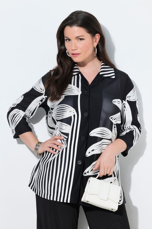 Chemisier long en tulle, broderies, col chemise et manches&nbsp;3/4