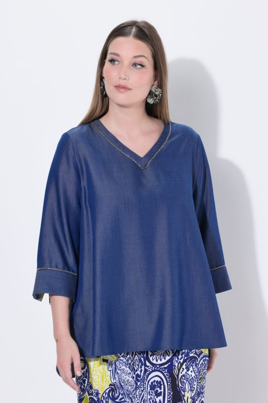 Blouse en Lyocell aspect jean, décolleté en V et manches&nbsp;3/4