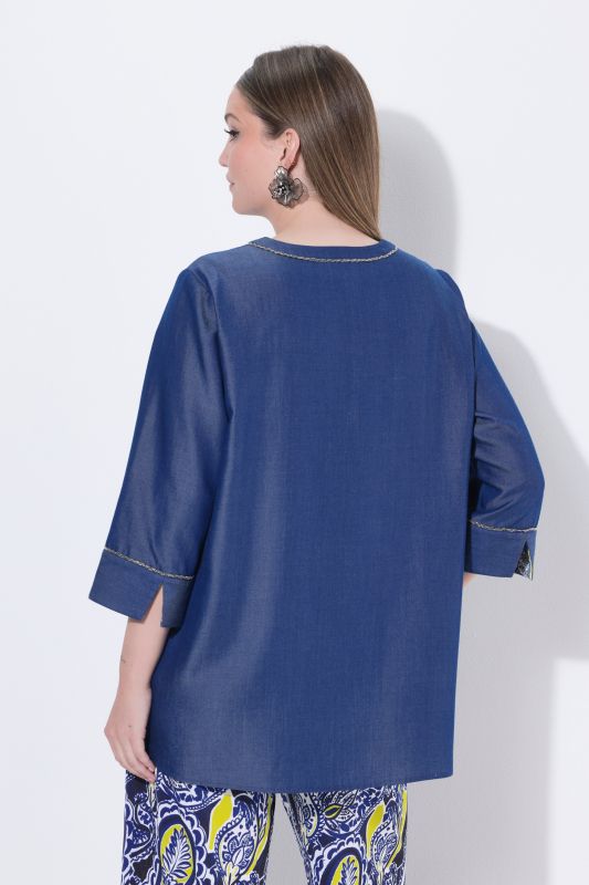 Blouse en Lyocell aspect jean, décolleté en V et manches&nbsp;3/4