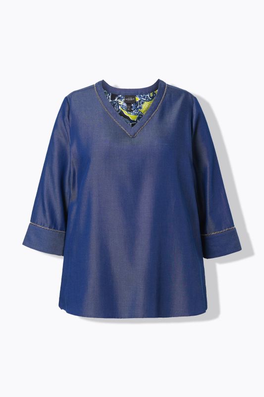 Blouse en Lyocell aspect jean, décolleté en V et manches&nbsp;3/4