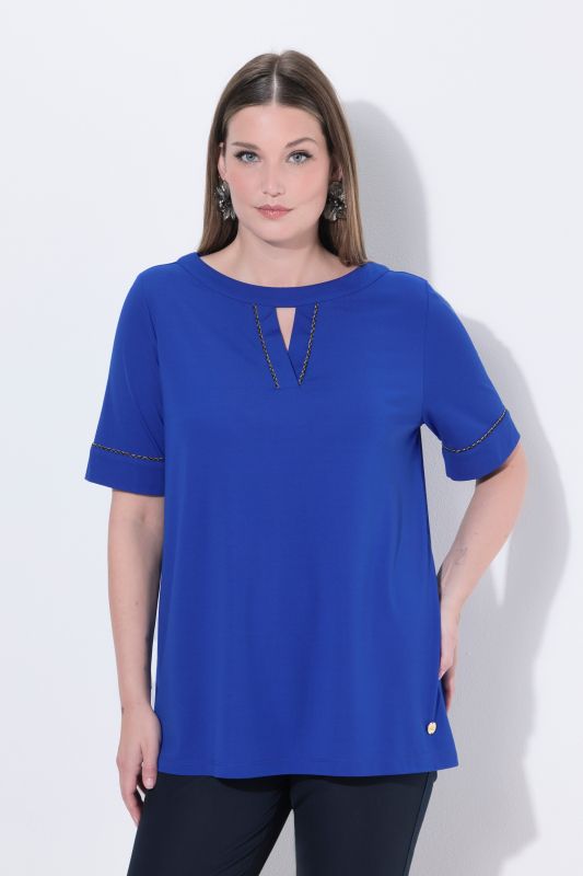 T-shirt en point de Rome, liserés fantaisie, manches courtes et encolure bateau, coupe évasée