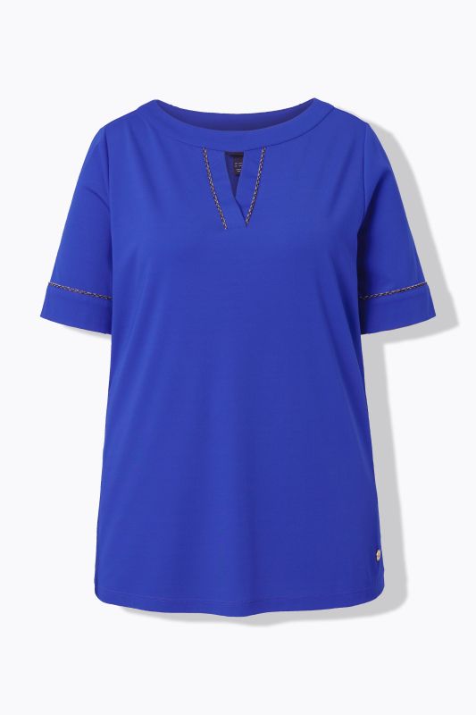 T-shirt en point de Rome, liserés fantaisie, manches courtes et encolure bateau, coupe évasée