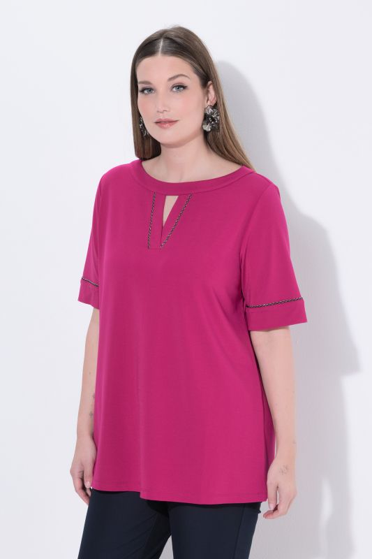 T-shirt en point de Rome, liserés fantaisie, manches courtes et encolure bateau, coupe évasée