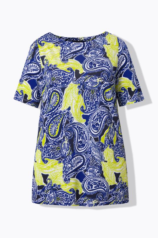 T-shirt motif cachemire, au tombé fluide, encolure bateau et manches courtes, coupe évasée