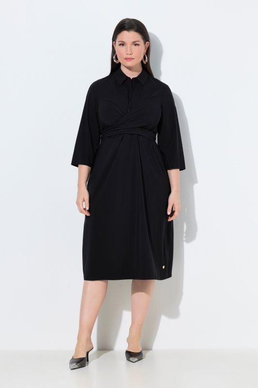Robe midi effet drapé, manches&nbsp;3/4 et col chemise, coupe évasée