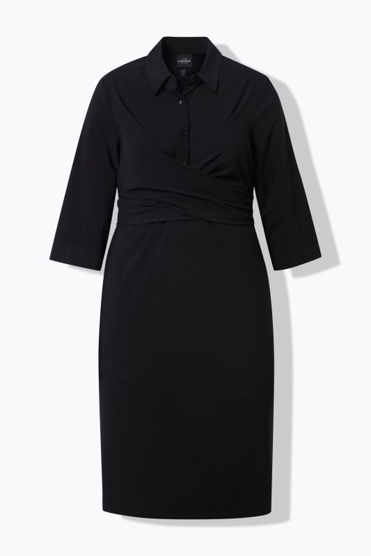 Robe midi effet drapé, manches&nbsp;3/4 et col chemise, coupe évasée