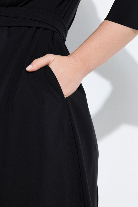 Robe midi effet drapé, manches&nbsp;3/4 et col chemise, coupe évasée