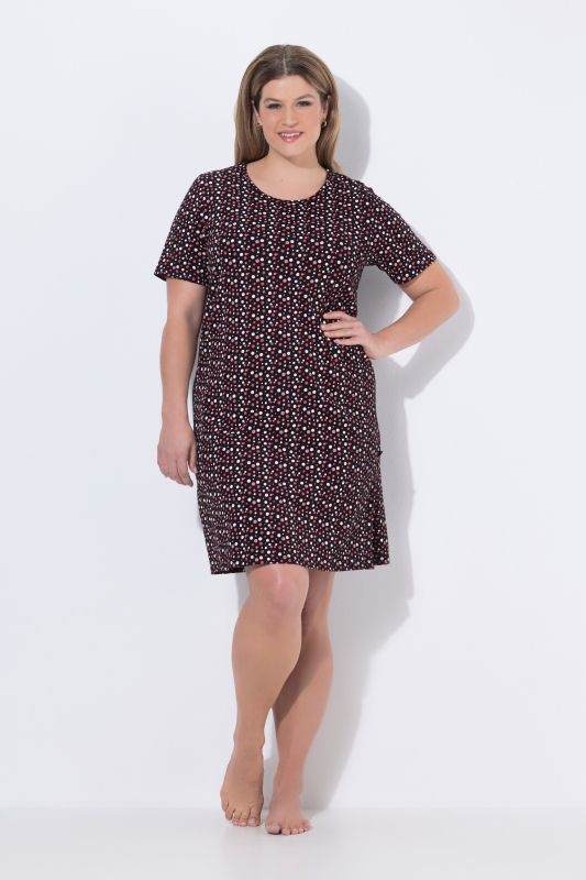 Chemise de nuit motif à pois, décolleté rond et manches courtes