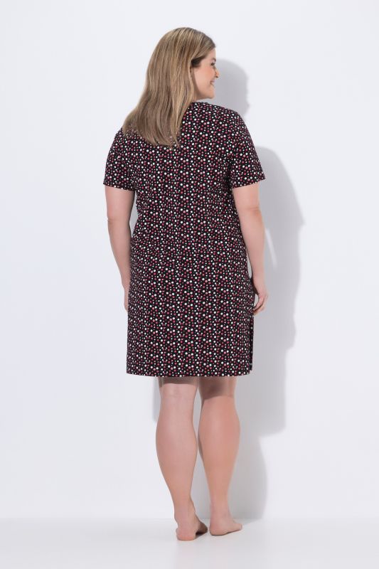 Chemise de nuit motif à pois, décolleté rond et manches courtes